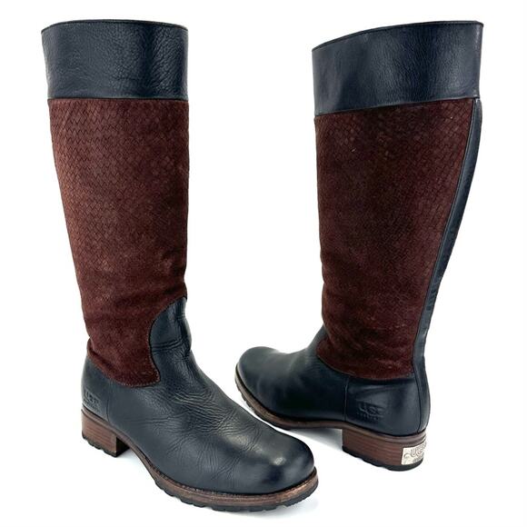 Ugg Australia Knee High Winter Boots Sz 11 Black Leather Brown Suede Wool Lining - Picture 1 of 15